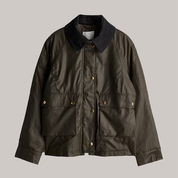H&M Waxed Jacket Car Coat Barn Olive Khaki Green Brown Corduroy Collar small - Picture 1 of 7